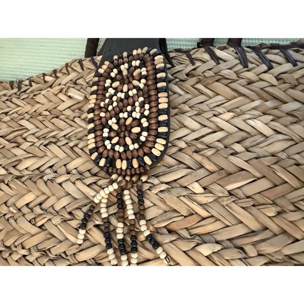 Sun & Same Beaded Straw Boho Purse Tote Beach Tan Coastal Resort Vacation - Picture 5 of 10